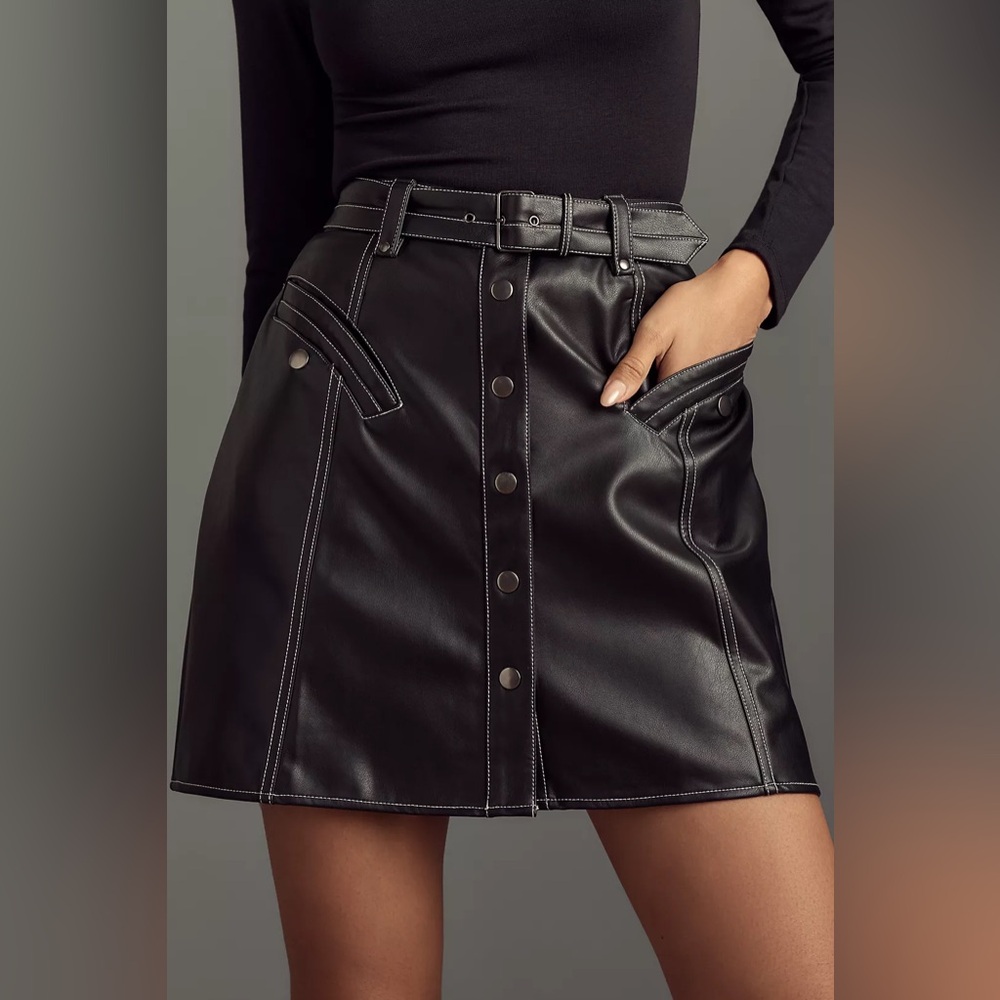 Anthropologie Mauve- Faux Leather Button Front Belted Mini Skirt